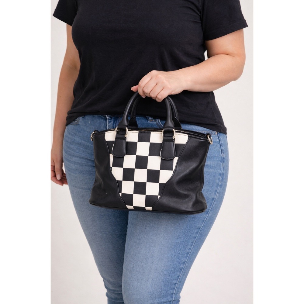 Black White Checkered Satchel Handbag Top Handle Purse Retro Goth Y2K